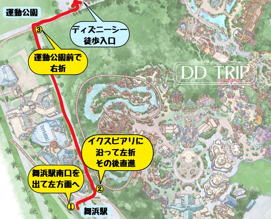 舞浜駅からディズニーシーへの徒歩行き方マップ