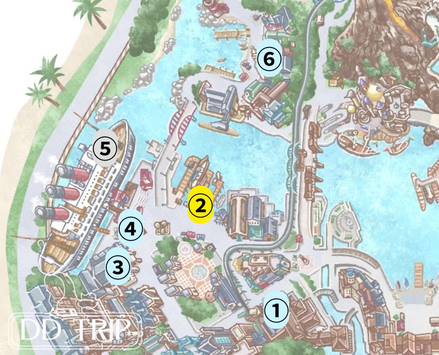 ディズニーシーのフリードリンク対象店舗マップ（アメリカンウォーターフロント）