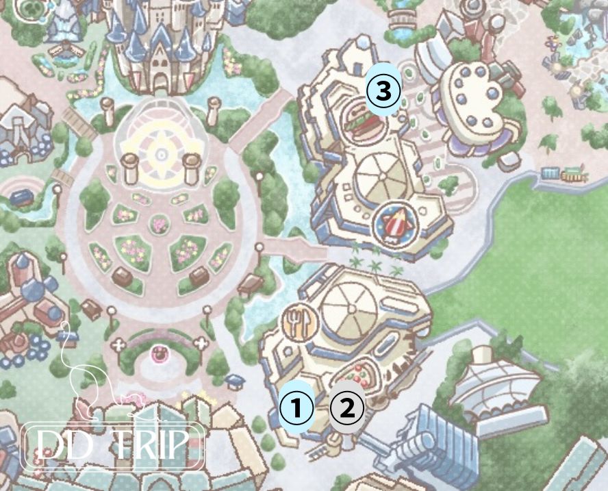 ディズニーランドのフリードリンク対象店舗マップ（トゥモローランド）
