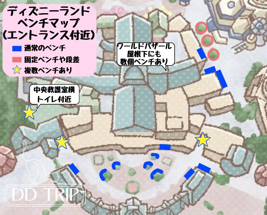 ディズニーランドベンチマップ(エントランス〜ワールドバザール)